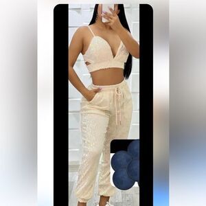Rosevelvet set pants and top sleeveless 2 piece beige sequin New